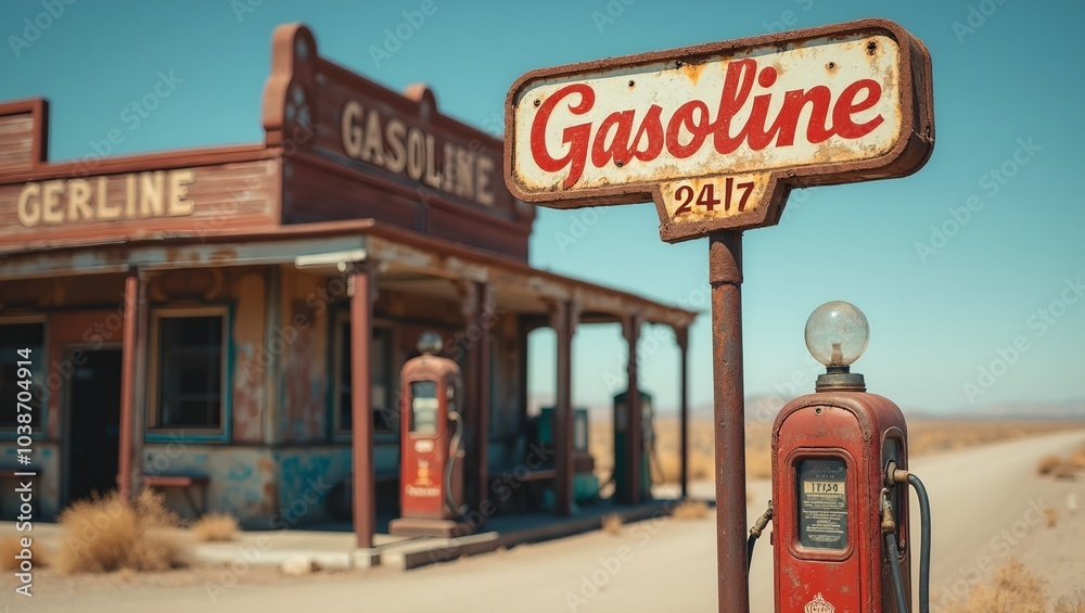 Fototapeta premium Vintage gas station sign with Gasoline 247 in faded red letters old pumps and open desert highway