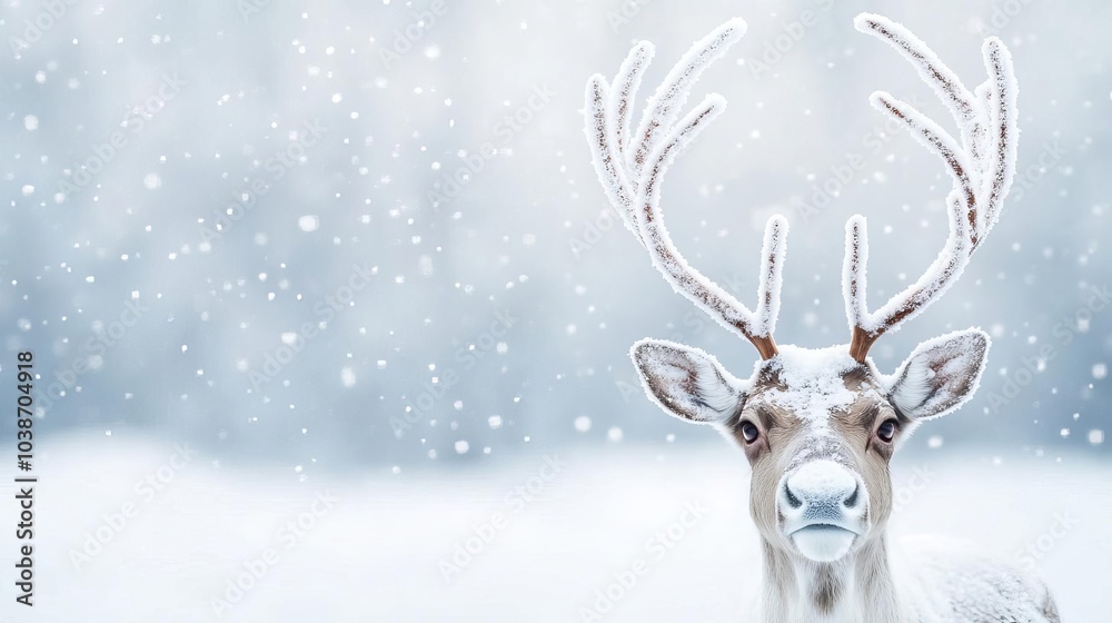 Reindeer antlers dusted with snow, standing against a snowy Lapland backdrop Reindeer antlers dusted with snow, standing against a snowy Lapland backdrop