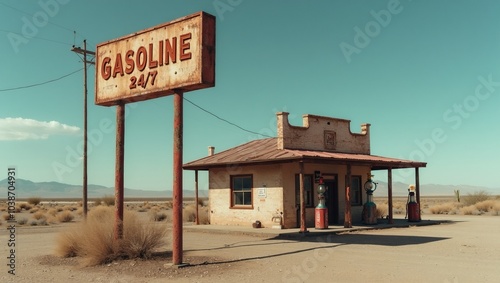Vintage gas station sign with Gasoline 247 in faded red letters old pumps and open desert highway