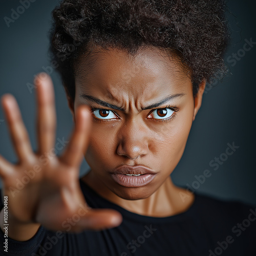 Close Up View Of A Woman Making Stop Gesture With Her Hand Or Finger. Cropped Isolated Portrait Of Caucasian Female Model. Showing Her Position, Rejecting, Defending. Copyspace For Advertising. photo