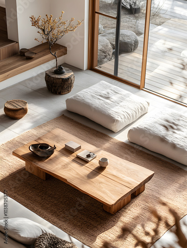 A Minimalists Haven: Japanese-Inspired Living Room with Natural Charm photo