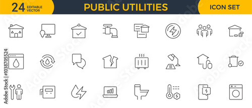 Set of Public utilities web icons in outline style. Rent receipt, electricity, water, gas, garage, heating, Water, Fuel, Electricity, Solar House, Maintenance collection.