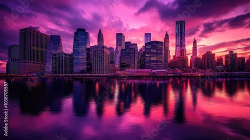 Vibrant City Skyline at Sunset with Reflective Water