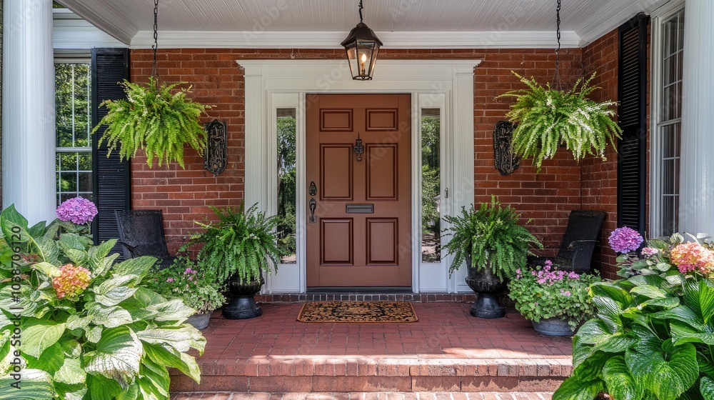 Fototapeta premium Welcoming Front Door with Hanging Plants and Flowers