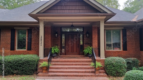 Elegant Brick Home with Welcoming Entrance and Landscape