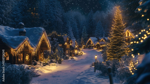 Wood village in festive lights at Christmas night, wooden houses covered with snow in winter forest. Concept of nature, New Year photo