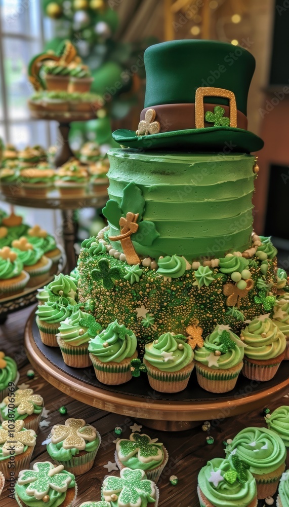 Fototapeta premium St. Patrick's Day Dessert Table with Festive Green Cupcakes and Leprechaun Hat Cake