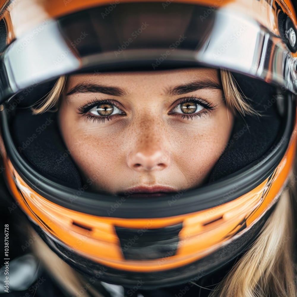 close-up of female F1 racer in helmet looking at camera, showing concentration