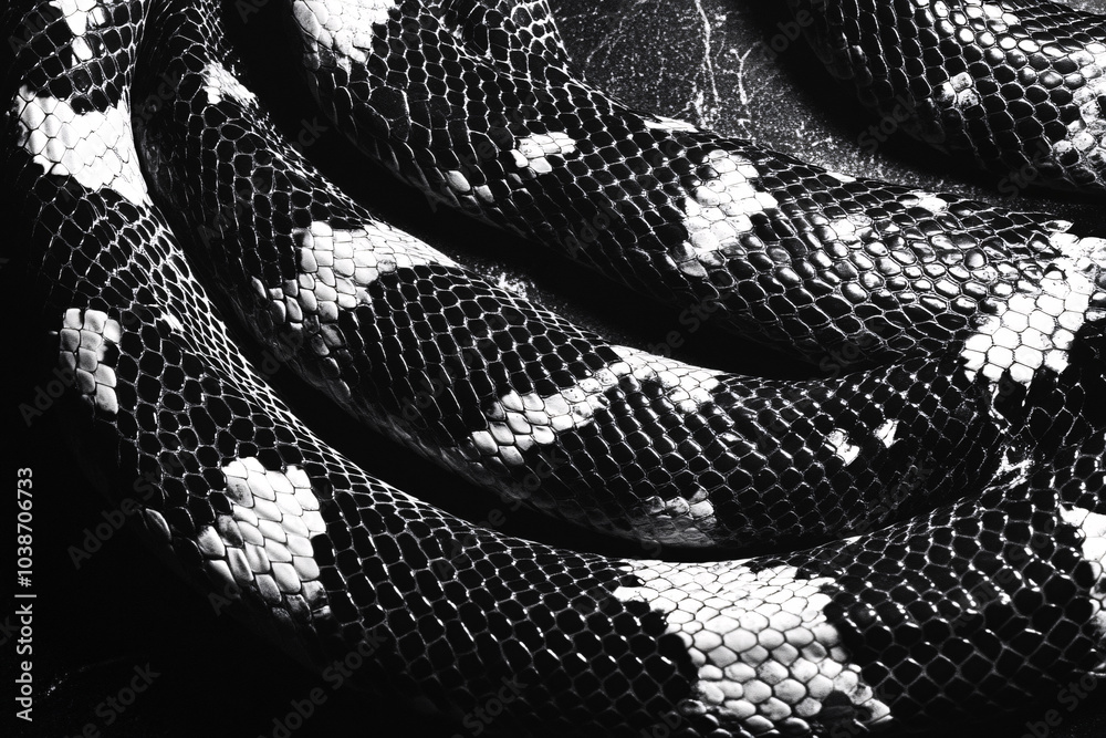 Black and white close-up of a coiled snake's textured scales, highlighting the intricate pattern and reptilian detail
Black and white close-up of a coiled snake's textured scales, highlighting the intricate pattern and reptilian detail