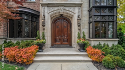 Elegant Entrance with Seasonal Flowers and Architecture