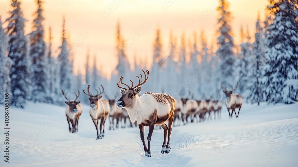 Reindeer herd moving through a snowy valley in Lapland, surrounded by towering pine trees Reindeer herd moving through a snowy valley in Lapland, surrounded by towering pine trees