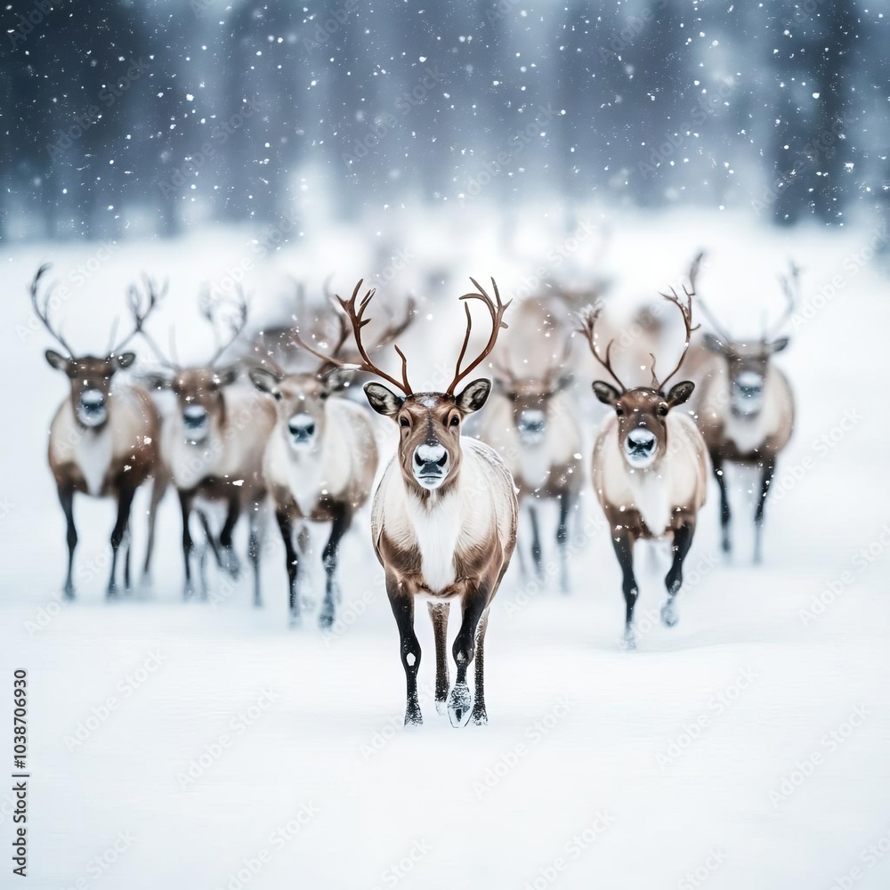 Reindeer herd moving through the snow in Lapland, snowflakes gently falling around them