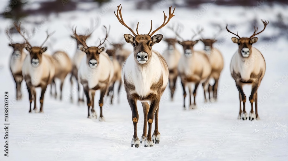 Reindeer herd walking through a snow-draped valley in Lapland, peaceful and majestic Reindeer herd walking through a snow-draped valley in Lapland, peaceful and majestic