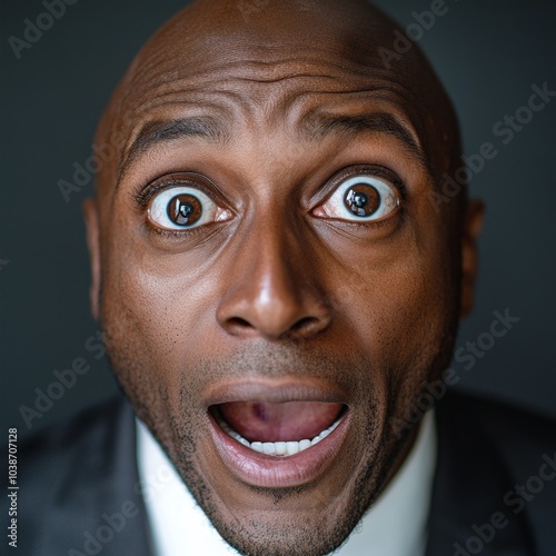 happy shocked bald black caribbean businessman face. Enormous eyes open photo
