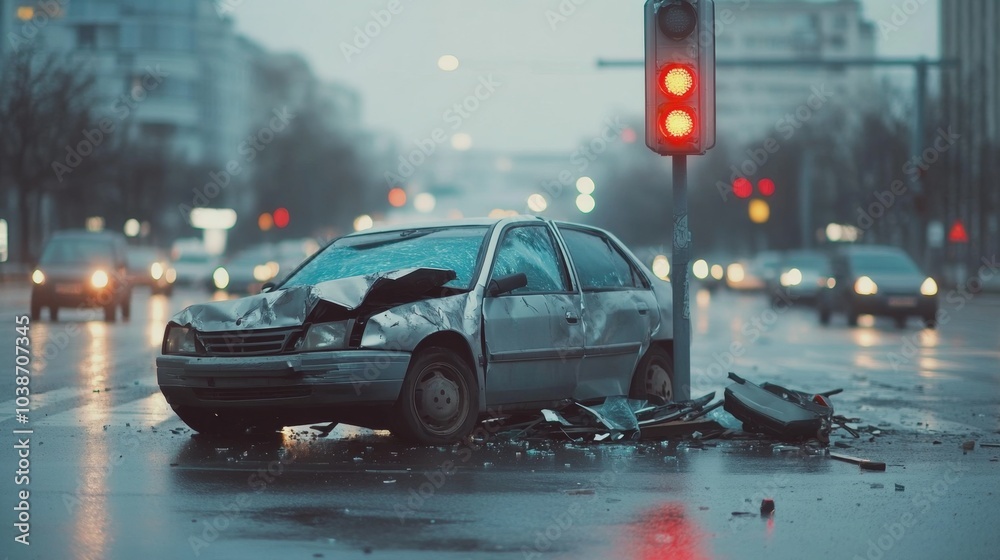 side impact car accident at an intersection, broken traffic signal, side impact car accident at an intersection, broken traffic signal,