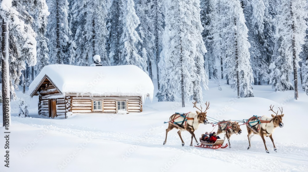 Reindeer pulling a sled past a snow-covered cabin, cozy Lapland scene Reindeer pulling a sled past a snow-covered cabin, cozy Lapland scene