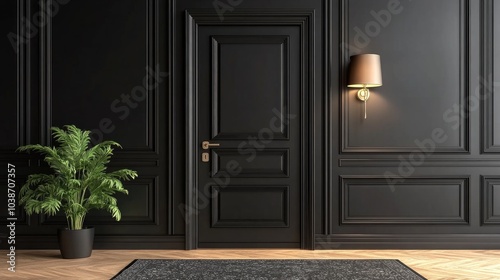 Elegant Dark Interior with Stylish Door and Plant