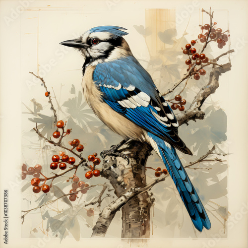 A detailed illustration of a blue jay sitting on a branch with red berries, showcasing the bird's vibrant blue feathers and natural surroundings