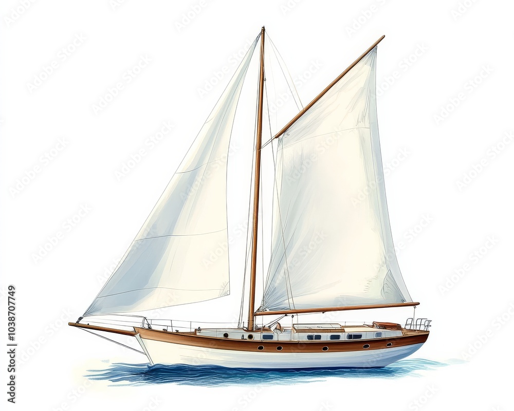 Depiction of a yacht designed for sailing on water. Depiction of a yacht designed for sailing on water.