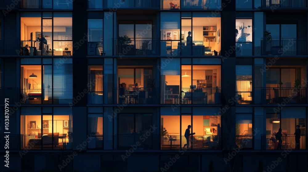 night multi-storey apartment building, front view, lights are on in many windows, silhouettes of different people night multi-storey apartment building, front view, lights are on in many windows, silhouettes of different people
