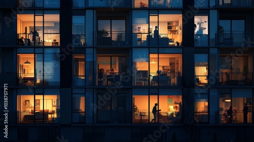 night multi-storey apartment building, front view, lights are on in many windows, silhouettes of different people