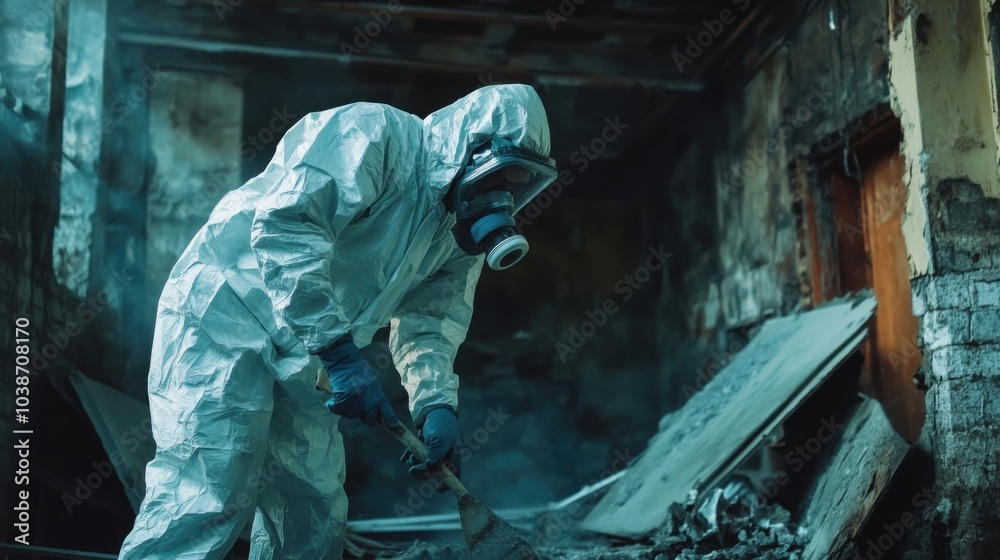 Specialist carefully removing asbestos from building interior Specialist carefully removing asbestos from building interior