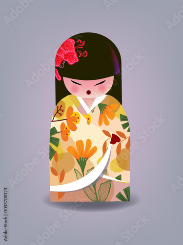 Japanese kokeshi dolls character icon vector illustration. Kawai asian girls wearing kimono. Cute cartoon asian women.