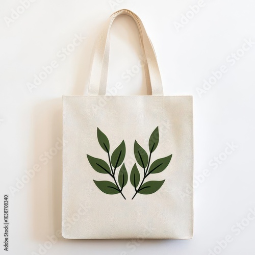 Stylish s tote bag with green leaf design on a neutral background. photo