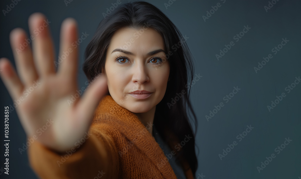 Close Up View Of A Woman Making Stop Gesture With Her Hand Or Finger. Cropped Isolated Portrait Of Caucasian Female Model. Showing Her Position, Rejecting, Defending. Copyspace For Advertising. Close Up View Of A Woman Making Stop Gesture With Her Hand Or Finger. Cropped Isolated Portrait Of Caucasian Female Model. Showing Her Position, Rejecting, Defending. Copyspace For Advertising.