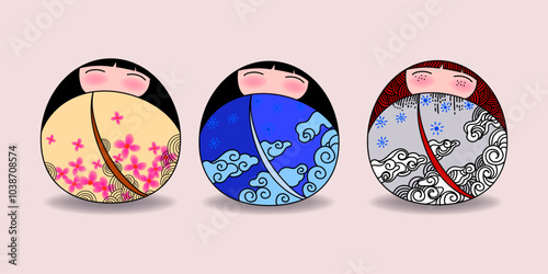 Japanese kokeshi dolls character icon vector illustration. Kawai asian girls wearing kimono. Cute cartoon asian women.