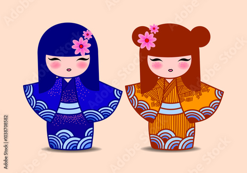 Japanese kokeshi dolls character icon vector illustration. Kawai asian girls wearing kimono. Cute cartoon asian women.