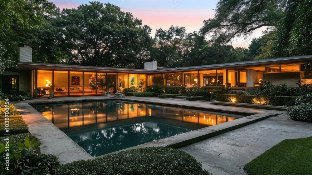Modern Home with Pool at Dusk Surrounded by Trees Modern Home with Pool at Dusk Surrounded by Trees