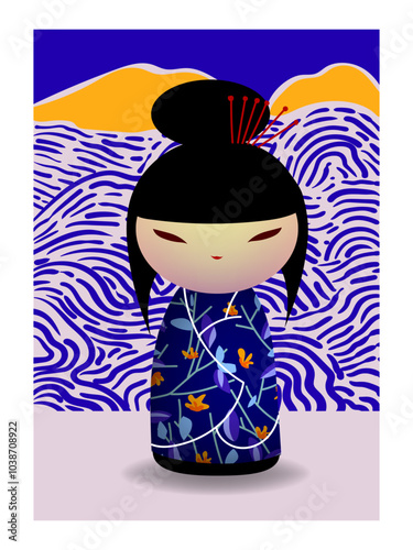 Japanese kokeshi dolls character icon vector illustration. Kawai asian girls wearing kimono. Cute cartoon asian women.