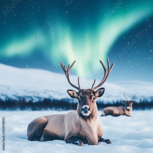 Reindeer resting in a snowy field, the Northern Lights casting a magical glow in Lapland