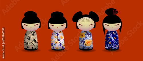 Japanese kokeshi dolls character icon vector illustration. Kawai asian girls wearing kimono. Cute cartoon asian women.