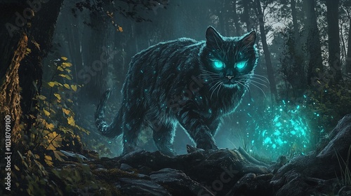 A shadowy, magical cat with glowing blue eyes walks through a mysterious forest. The environment is dark and misty, with tall trees surrounding the scene. Soft green and blue lights emit from the grou