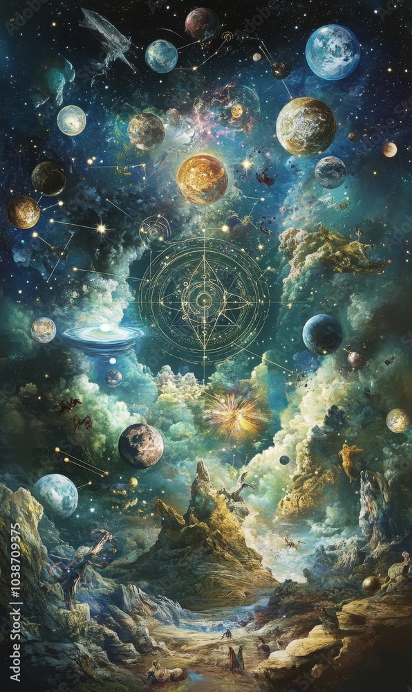 Cosmic landscape with planets, stars, and rock formations. Cosmic landscape with planets, stars, and rock formations.