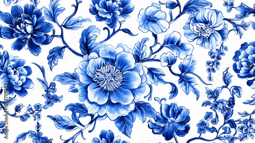 Seamless Watercolor Pattern of Blue Flowers and Leaves on White Background - Minimalist Vector Illustration