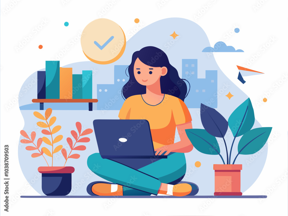 A modern illustration of a woman working on a laptop surrounded by plants and charts in a bright and cheerful setting A modern illustration of a woman working on a laptop surrounded by plants and charts in a bright and cheerful setting