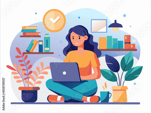 A young woman works on a laptop in a cozy home office surrounded by plants and books during a sunny afternoon