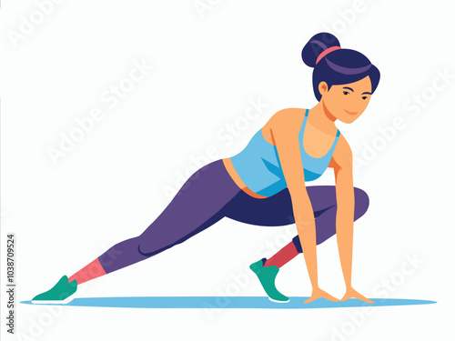 A young woman performing a dynamic lunge stretch on a simple white background, emphasizing fitness and movement in a modern illustration
