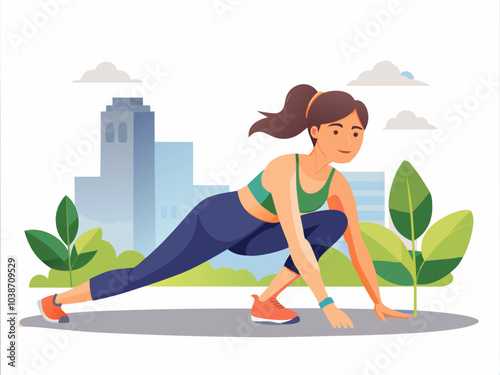 A young woman exercises in an urban park, performing a lunge amidst green plants and modern city buildings during daytime