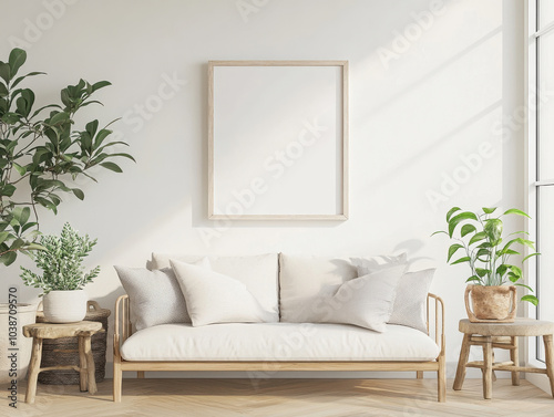 cozy living room featuring minimalist sofa with soft cushions, surrounded by lush greenery and natural light streaming through large windows. serene atmosphere invites relaxation and comfort