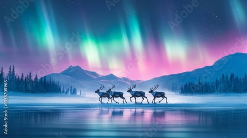 Reindeer running across a frozen lake, Northern Lights illuminating the Lapland sky