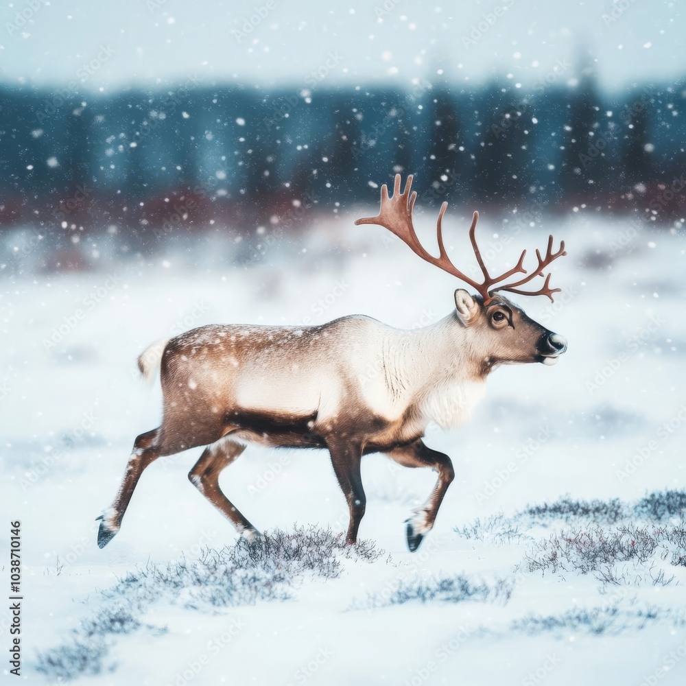 Reindeer running through a Lapland meadow as the snow falls gently, winter in motion Reindeer running through a Lapland meadow as the snow falls gently, winter in motion