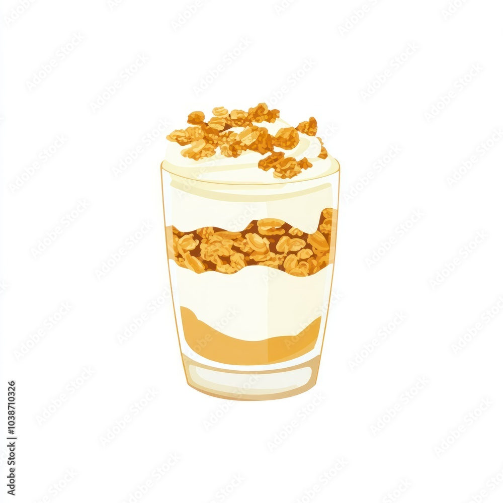 A layered dessert in a glass featuring cream and crunchy toppings. A layered dessert in a glass featuring cream and crunchy toppings.