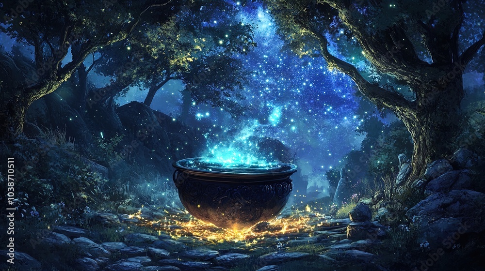 A magical landscape illuminated by the glow of a mystical cauldron surrounded by an enchanting forest. The cauldron sits in the center, emanating swirling blue light and sparkling stars that reflect a A magical landscape illuminated by the glow of a mystical cauldron surrounded by an enchanting forest. The cauldron sits in the center, emanating swirling blue light and sparkling stars that reflect a