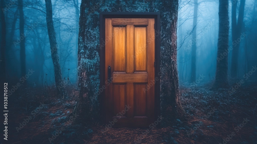 Mysterious Wooden Door in Foggy Forest Setting