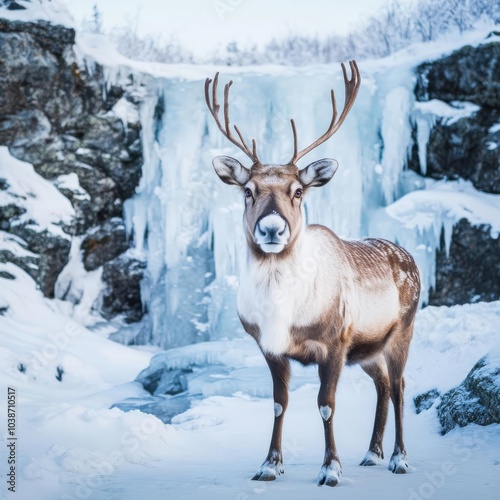 Reindeer standing by a frozen waterfall, peaceful winter beauty in Lapland