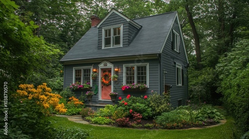 Charming Blue Cottage Surrounded by Lush Garden